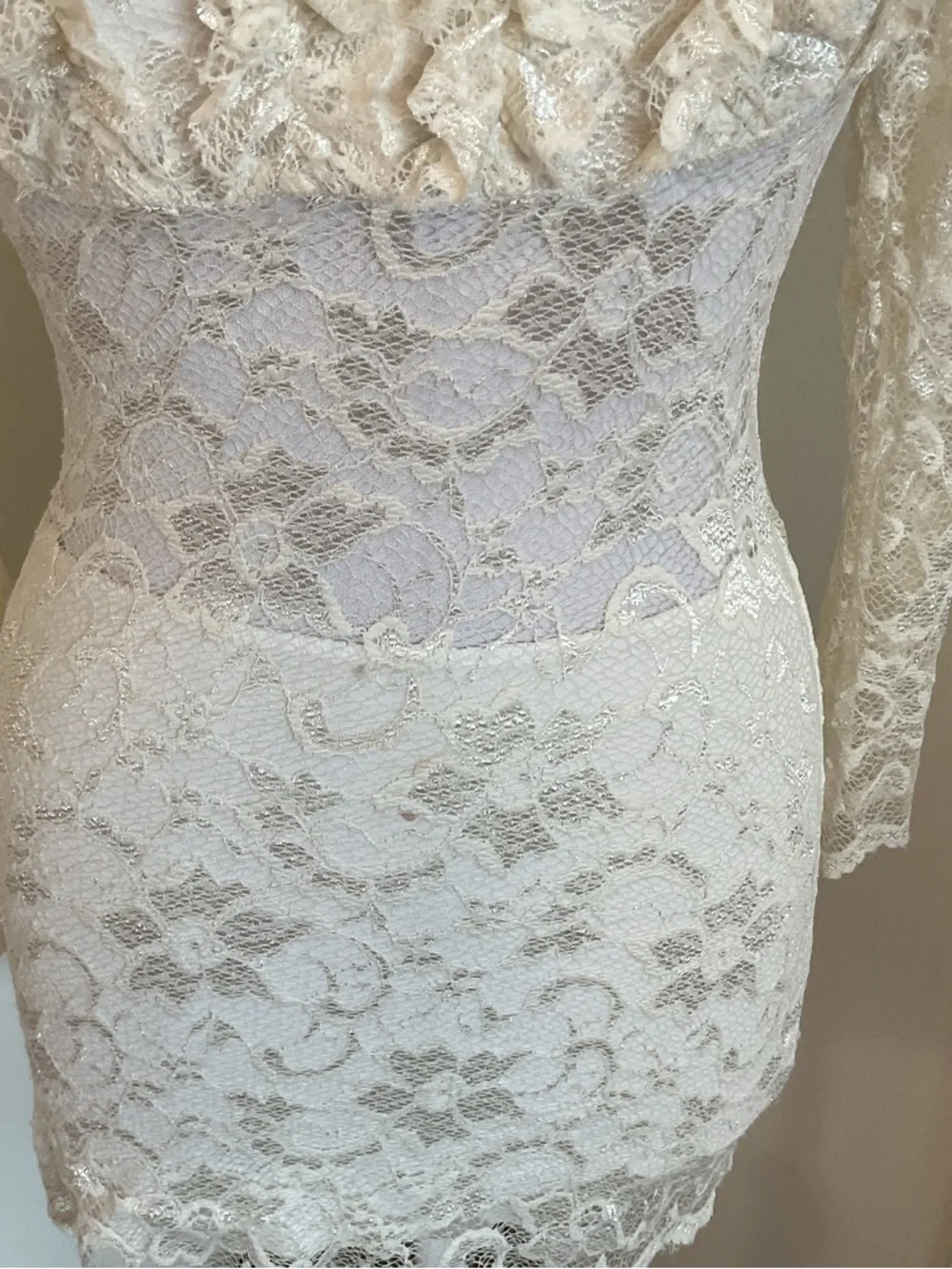 Sentimental NY Cream Lace Bodycon Dress Small Ruffle Collar Made in USA - Picture 4 of 7